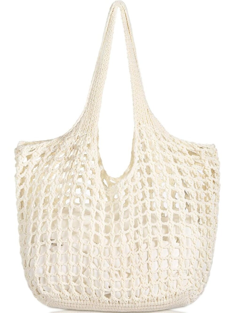 Women's Cream Crochet Beach Mesh Tote Bag Shoulder Lightweight Shopping Handbag